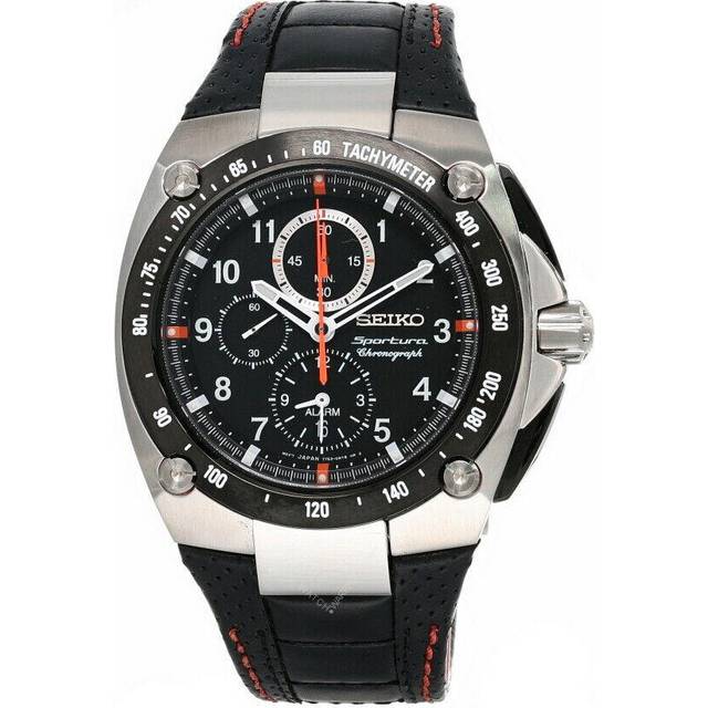 New Seiko Sportura Alarm Chronograph Black Dial Leather Strap SNAD59 - 44 mm