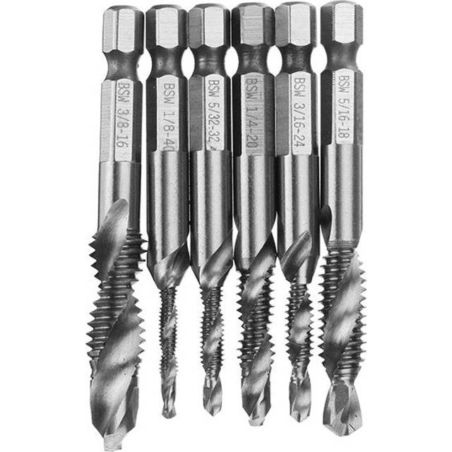 6pcs 1/8-3/8 Inch BSW Thread HSS Combination Drill Tap Bit Set Hex Shank Deburr Countersink Bits