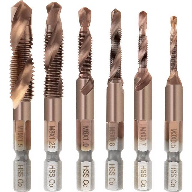 Drillpro 6Pcs M3-M10 M35 Cobalt Plating HSS Hex Shank Spiral Groove Drill Tap Bit Set Co-HSS Metal Threaded Hole Opener