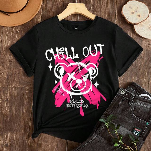SHEIN Casual Bear Letter Print Graphic Round Neck Short Sleeve Fitted Women T-Shirt, Suitable For Summer