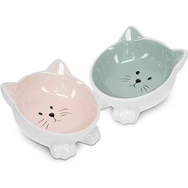 Navaris 2 x Ceramic Cat Bowls - Twin Pack of Cat Feeding Dishes with Anti Slip Silicone Feet - Rose and Green Cat Shaped Food and Water Bowls for Cats