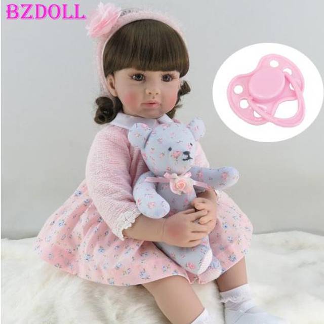 BZDOLL 60 CM Silicone Bebe Reborn Toddler Girl Baby Doll 24inch Lifelike Pink Princess Toy with Plush Bear Lovely Birthday Gift 60cm Doll, Brown eyes
