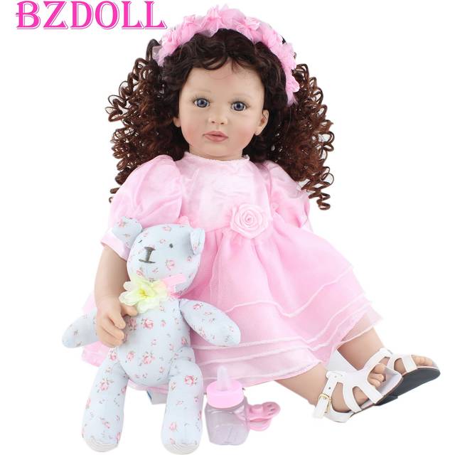 BZDOLL 60cm Soft Silicone Reborn Toddler Doll For Girl Cloth Body Pink Dress Princess Baby Lovely Kids Birthday Gift Play House Toy Blue eyes, 60cm doll