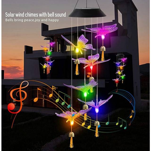 (Butterfly bell) Changing Solar Wind Chime Crystal Ball Hummingbird Wind Chime Lamp Waterproof Outdoor Use
