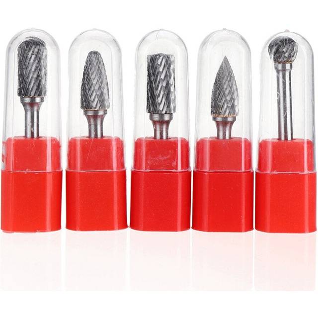 (A) 5Pcs 6x12mm Carbide Burr Set with 6mm Shank Double Cut Solid Carbide Rotary Burr Set for Die Grinder Drill Metal Wood Carving Engraving