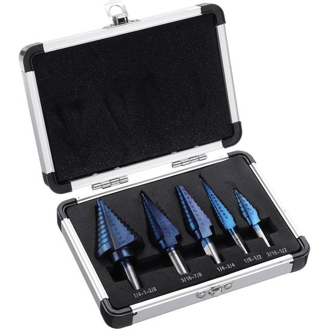 (Aluminum Box Packaging) 5pcs HSS Blue Nano Coating Step Drill Bit Set Multiple Hole 1/8 to 1-3/8 Inch 50 Sizes with Aluminum Case or Opp Bag
