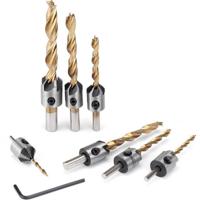 (7 Pcs) 7/8Pcs 3-10mm Round Shank Titanium Coated Countersink Drill Bit Set Replacement Three Point Carpentry Boring Tool Woodworking With Hexagon L-W