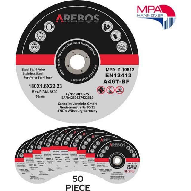 AREBOS 50 Metal Cutting Discs | Stainless Steel Cutting Discs | 180 x 1.6 x 22.23 mm | For Angle Grinder