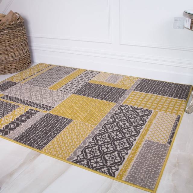 Ochre Grey Patchwork Hardwearing Rug - Milan - 60cm x 110cm - Yellow