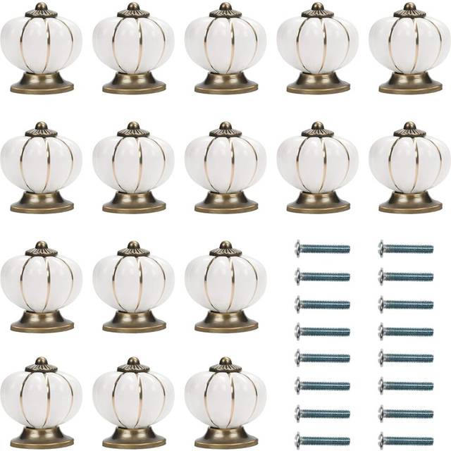 White and Gold Ceramic Furniture Knob with Pumpkin Shaped Screws (Pack of 16) - 3.6 x 3.9 cm - Vintage Round Furniture Knob - For Home, Office
