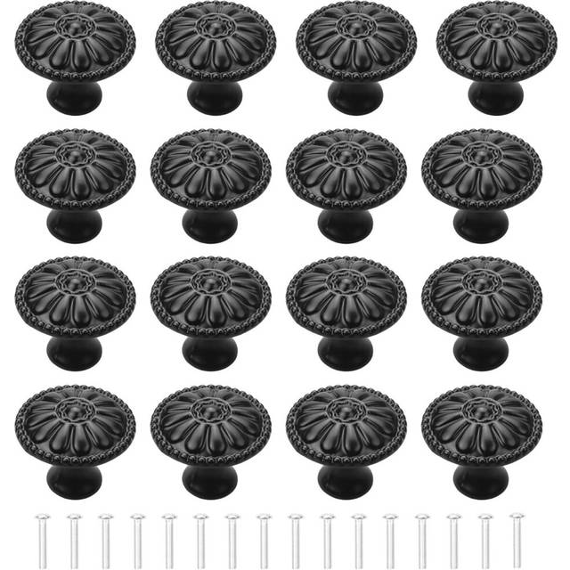 Black Door Knob 16Pcs Kitchen Furniture Handle Drawer Knobs Vintage Round Cupboard Knobs Handles Furniture Knob with Screws