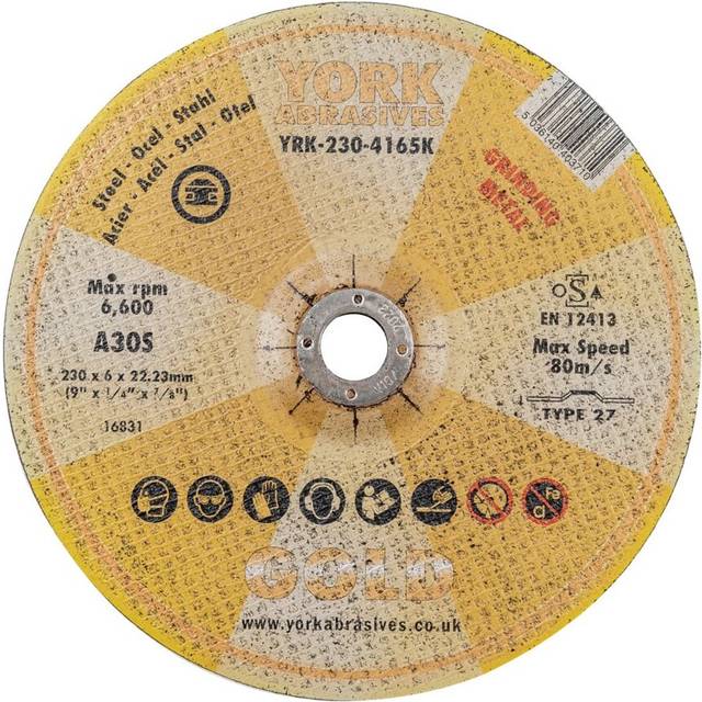 York Abrasives Gold 230 X 6 X 22MM A30 S Reinforce Grinding Discs for Metal - Ty