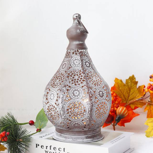 JHY DESIGN Moroccan Style Battery Lamp, Hanging Lamp Vintage Metal Table Lamp Battery Powered 26.5cm Tall Cordless Lamp for Living Room Bedroom W