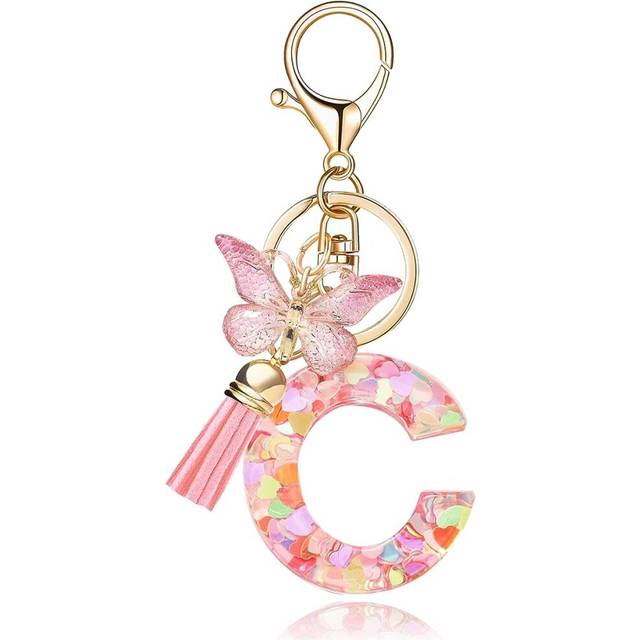 Fashion Alphabet Initial Letter Keychain Tassel Butterfly Pendant Key Ring for Purse Handbags Women Girl