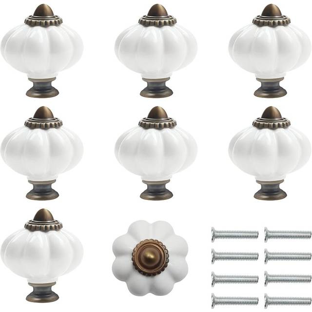 White and Bronze Ceramic Furniture Knob with Pumpkin Shaped Screws (Set of 8) - 3.4 x 3.8 cm - Vintage Round Furniture Knob - For Home, Office