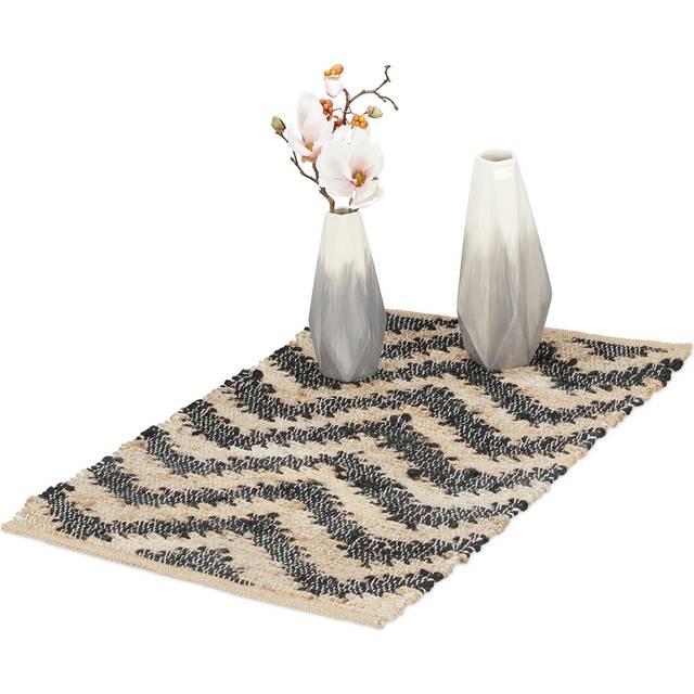 Small Runner Rug, Cotton & Jute, 50x80 cm, Non-slip, Hand-woven, Carpet Hallway, Kitchen, Zigzag, beige/black - Relaxdays