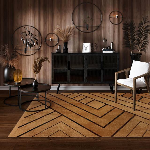 Brown Beige Art Deco Living Room Rug - Milan - 120cm x 170cm