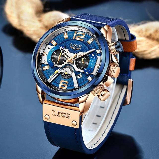 2021 LIGE Men Watches Top Brand Luxury Blue Leather Chronograph Sports Watch For Men Fashion Date Waterproof Clock Reloj Hombre blue/gold
