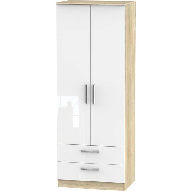 Crowndale Contrast Ready Assembled 2 Door 2 Drawer Gloss White and Bardolino Oak Tall Wardrobe