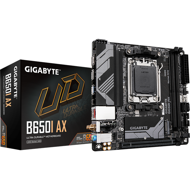 Gigabyte B650I AX moderkort – stöder AMD AM5 CPU:er, 5+2+1 faser digital VRM, upp till 6400MHz DDR5 (OC), 1xPCIe 4.0 M.2, Wi-Fi 6E, 2,5 GbE LAN, USB 3.2 Gen 2