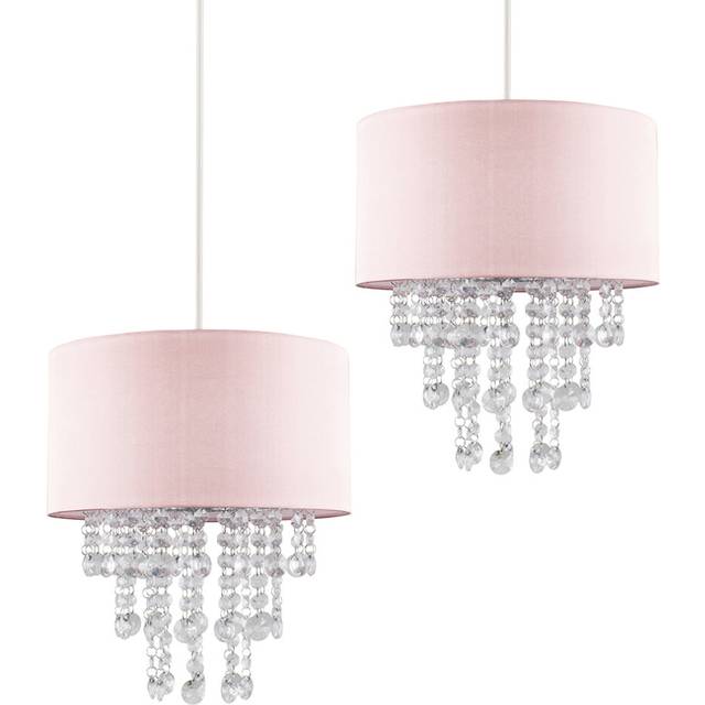Pair of - Modern Pink Cylinder Ceiling Pendant Light Shades with Clear Acrylic Jewel Effect Droplets