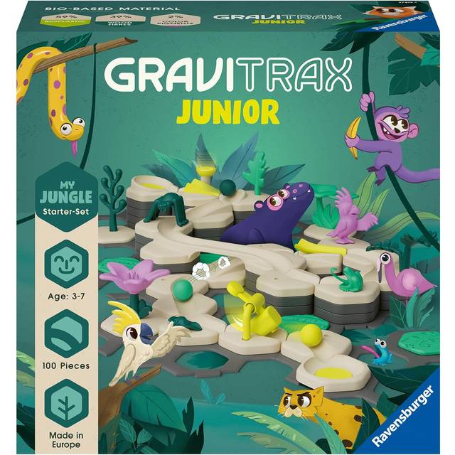 Ravensburger GravitraX Junior Starter Set L Jungle - Expanderbart marmorspår för barn, marmorspår tillverkat av miljövänliga material med temavärldar, pedagogiska leksaker & byggleksaker från 3 år