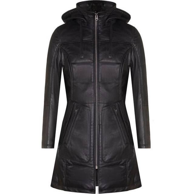Womens Leather Quilted Parka Coat-Allentown - Black - 24