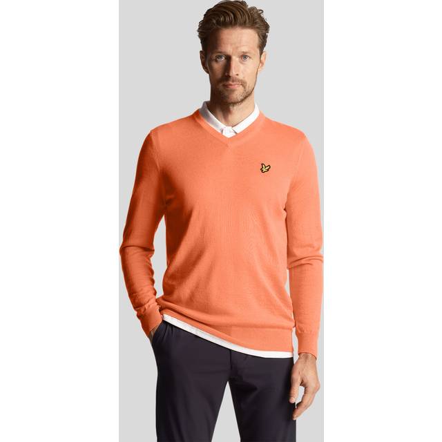 (M, Course Coral) Lyle & Scott Mens V Neck Merino Wool Acrylic Durable Sweater