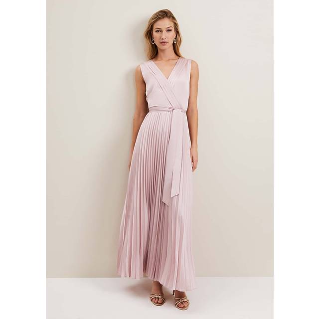 Phase Eight Bonnie Pleated Faux Wrap Maxi Satin Dress, Pink