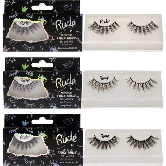 Rude Cosmetics Essential Faux Mink 3D Lashes Kit for Women 3 Pc Kit Pair Lashes - Foxy, Pair Lashes - Glamorous, Pair Lashes - Graceful
