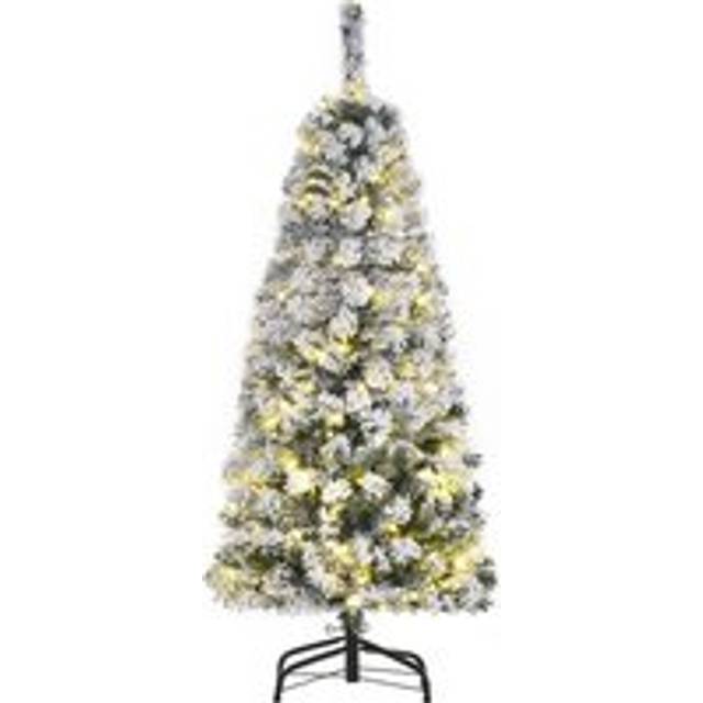 Homcom 4ft Prelit Artificial Snow Flocked Christmas Tree With Warm White Led Light, Holiday Home Xmas Decoration, Green White