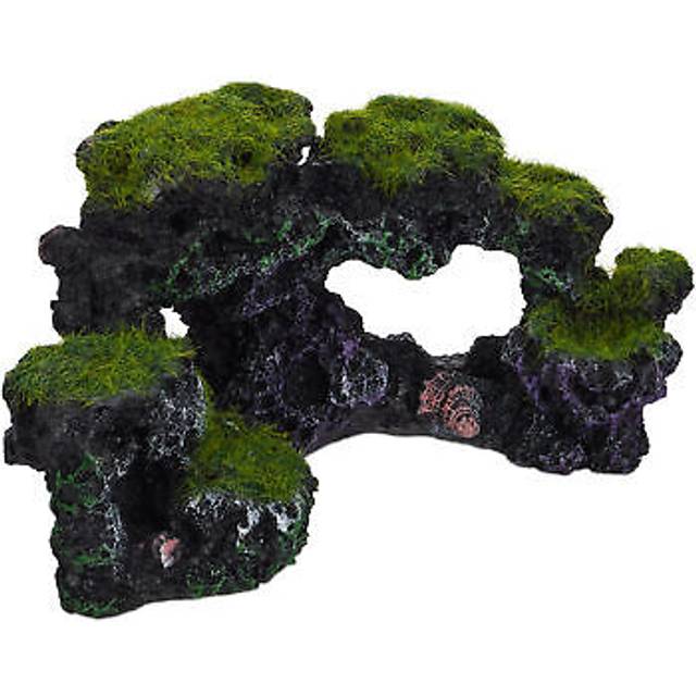 Aquarium Decoration, Mossy Rocks, Natural Look, Fish Tank Ornament, Shells, HxW 8.5 x 17 cm, Black/Green, Polyresin, Pack of 1