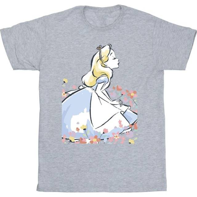 Alice In Wonderland Sketch Flowers Cotton T-Shirt - Grey - 5-6 Years