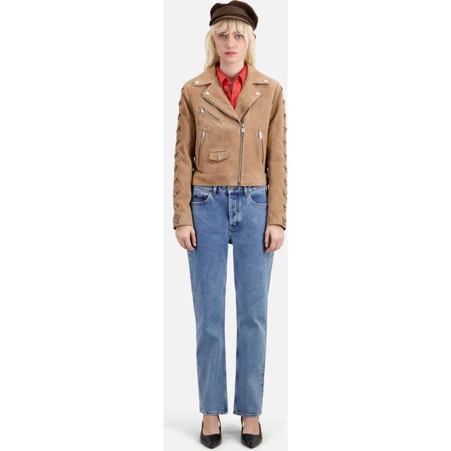 The Kooples Womens Beige Zip-embellished Suede Biker Jacket Xs - BEIGE