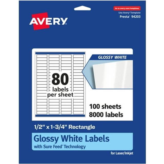 "Avery Rectangle Labels with Sure Feed  0.5"""""""" x 1.75""""""""  8 000 Glossy White Labels (36449)"