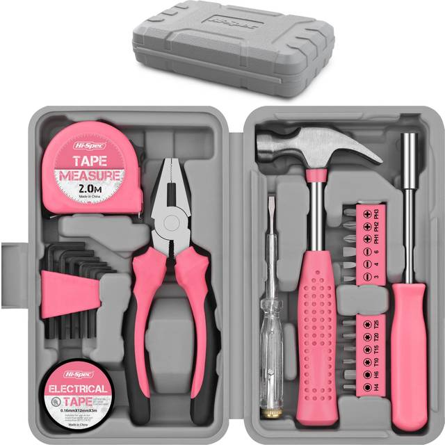 24pc Pink Household DIY Tool Kit for Women. Small Mini Tool Box Set of Starter Basic Ladies Tools for Home & Office