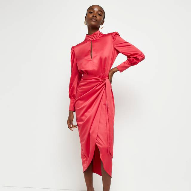 River Island Womens Wrap Midi Dress Red Cut Out Long Sleeve - Size 8 UK