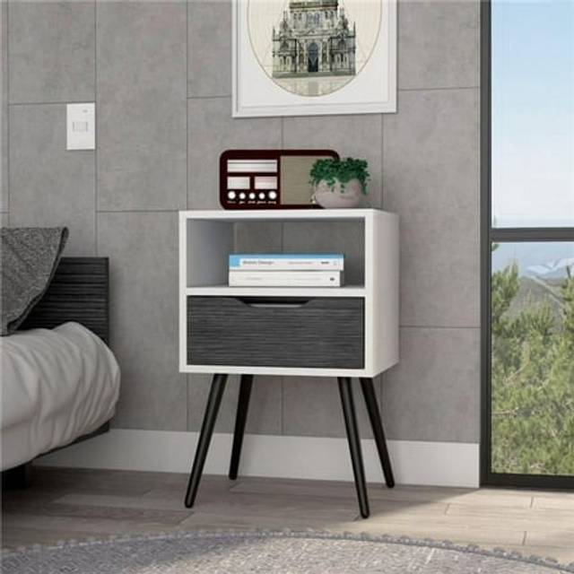 Nightstand 25 H, Superior Top, 4 Legs, 1 Open Shelf, 1 Drawer, Smokey Oak/White