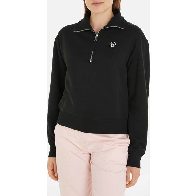 Tommy Hilfiger Cropped Cotton-Blend Half-Zip Sweatshirt - S - Black