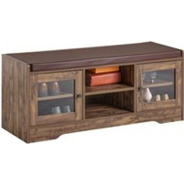 SoBuy FSR122-N, Hallway Storage Bench with 2 Glass Doors and PU Leather Seat Cushion, Wood
