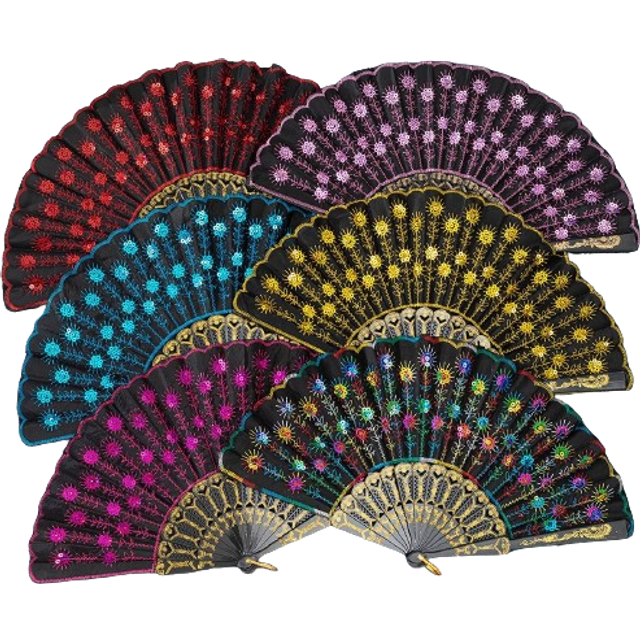 SHEIN 1pc 22cm Women&#39;s Sequin Embroidery Fan With Plastic & Gold Stamping Ribs, Suitable For Parties, Shopping, Tourism, Sunshade Elegant
