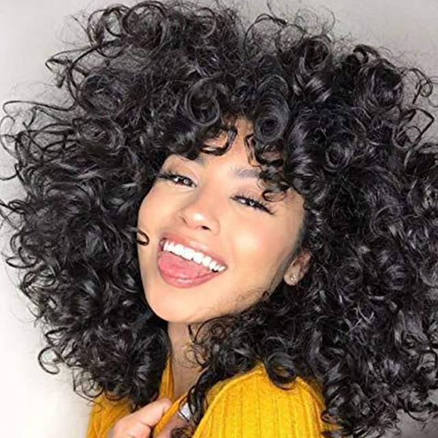 Short Curly Wigs for Black Women Andromeda Soft Curly Wig with Bangs Fluffy Curls Synthetic Hair Wigs Natural Black Loose Curly African American Costu