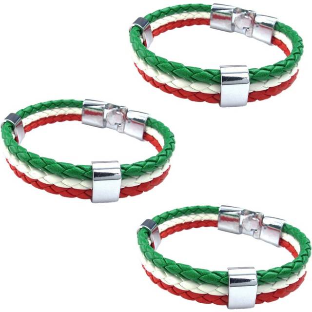 3X Jewelry Bracelet, Italian Flag Bangle, Leather Alloy, for Men'S Women, Green White Red (Width 14 mm, Length 23 cm)