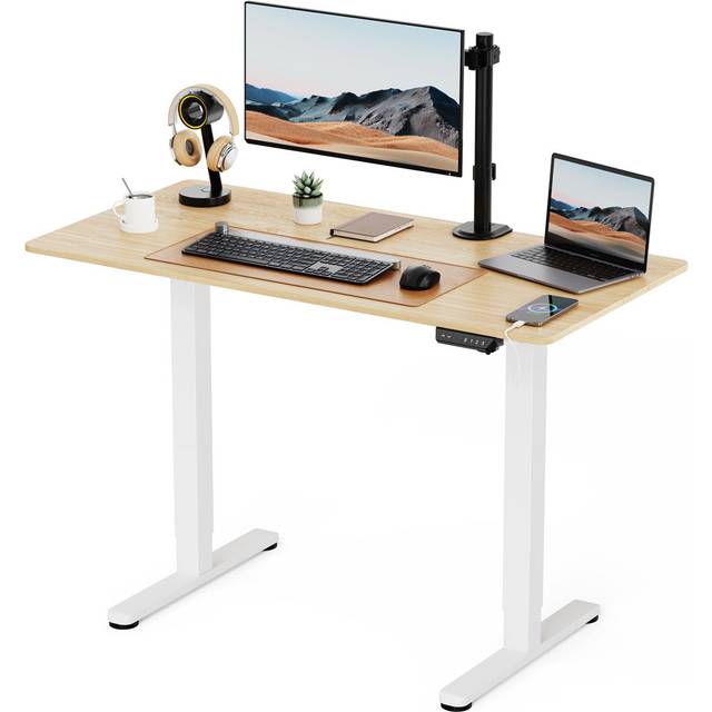White Standing Desk with Maple Desktop 120x60cm