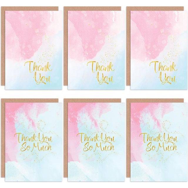 Thank You Cards Stars Pink Blue Gold Watercolour Greeting Cards With Envelopes Pack of 6 - One Size