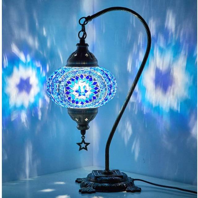 DEMMEX Stunning Handmade Swan Neck Turkish Moroccan Mosaic Glass Table Desk Bedside Lamp Light with Antique Brass Body (Blue)