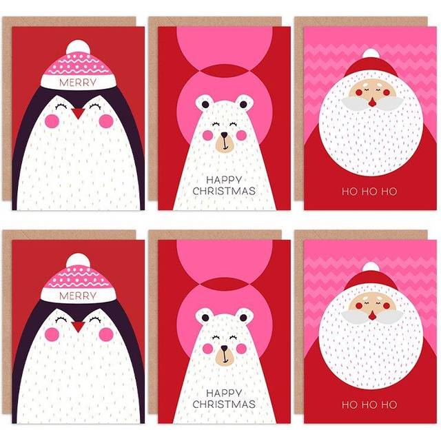 Cute Christmas Penguin Polar Bear Santa Greeting Cards With Envelopes Pack of 6 - Red - One Size