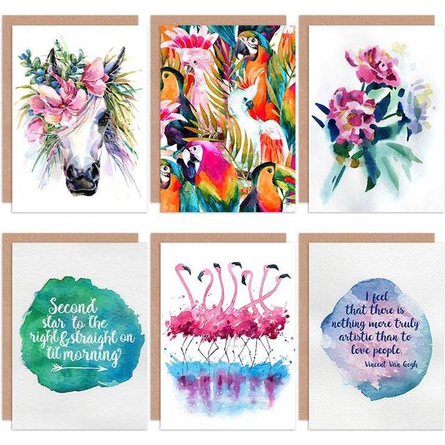 Watercolour Vibrant Quotes Typography Nature Birds Flowers All Occasions Various Assorted Greeting Cards With Envelopes Pack of 6 - Pink - One Size