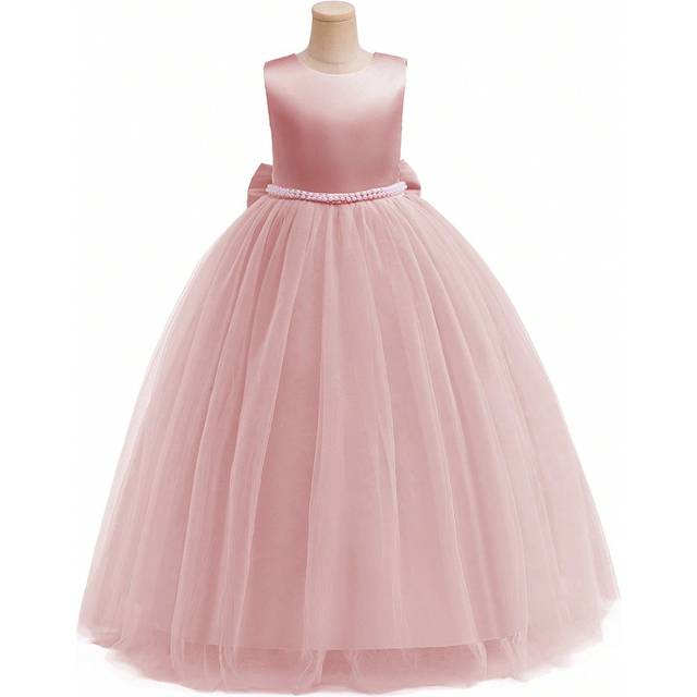 OFIMAN Tween Girl Elegant Pink Floral Bridesmaid Dress With Pearl Bow Accent, Wedding, Prom, Party, Birthday Event, Summer