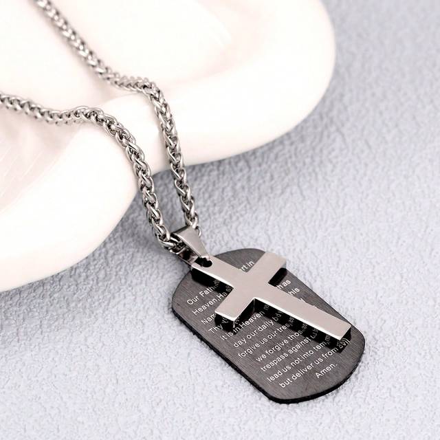 SHEIN 1pc Stainless Steel Letter Cross & Dog Tag Style Pendant Necklace For Men